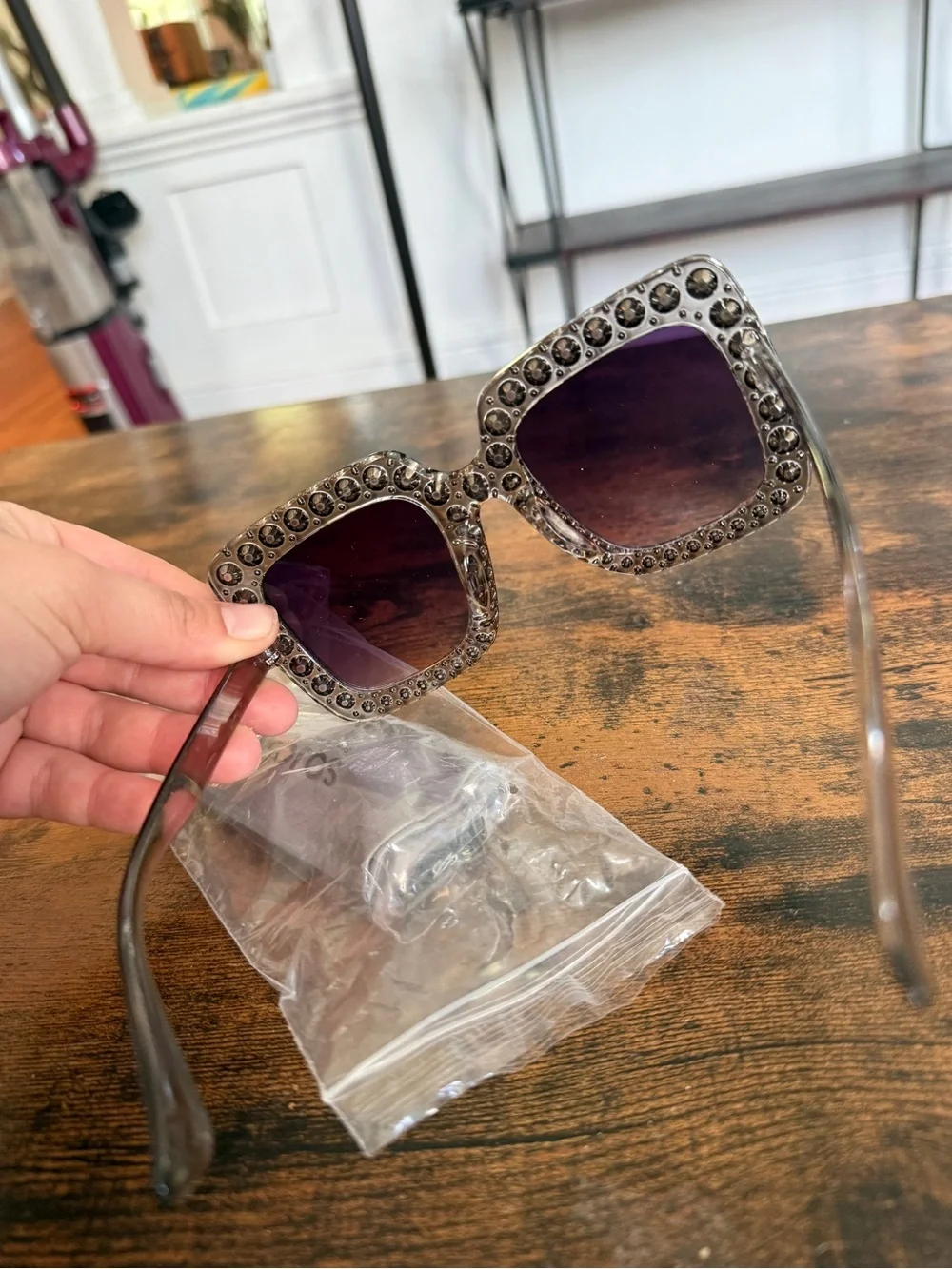 Crystal-Embellished Square Sunglasses in Black fashion glasses